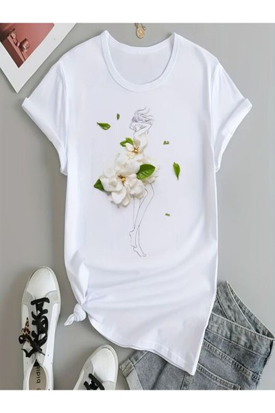 vorena Floral Detailed Printed White Oversize T-Shirt