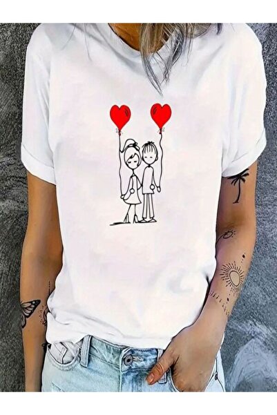 COZYWEAR Double Printed White T-Shirt with Heart Balloons