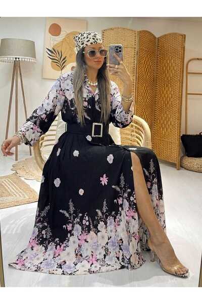 QUAWEAR Shirt Collar Buckle Belted Patterned Lilyum Fabric Full Length Dress