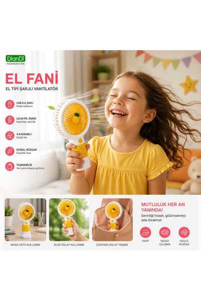 ikel elektro DianDi Mini El Vantilatörü Şarjlı USB Fan 3 Hız Kademeli Taşınab...