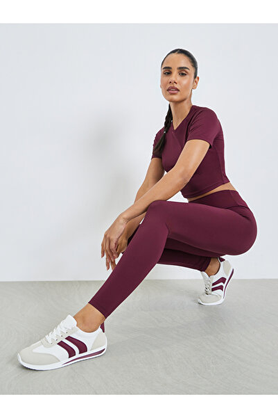 Styli Burgundy Solid Crop Top and Broad Waistband Leggings Set