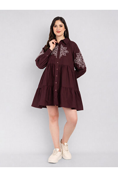 HOUSE OF RAELI By Styli Maroon Cotton Poplin Shirt Mini Dress