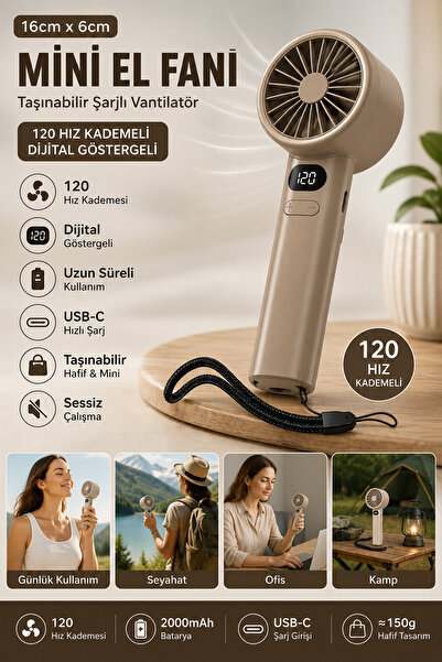 Coverzone 16cmx6cm Mini Küçük El Fanı Taşınabilir Şarjlı Dijital Göstergeli A...