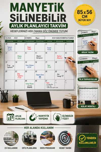 Hane Dostu Manyetik Silinebilir Aylık Planlayıcı Takvim 85x56 cm Yapışkanlı D...