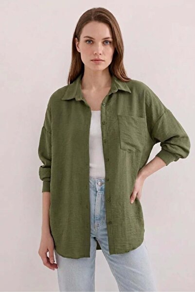 ALFA AKSESUAR 03 Women's Oversize Cut Viscose Khaki Shirt with One Pocket