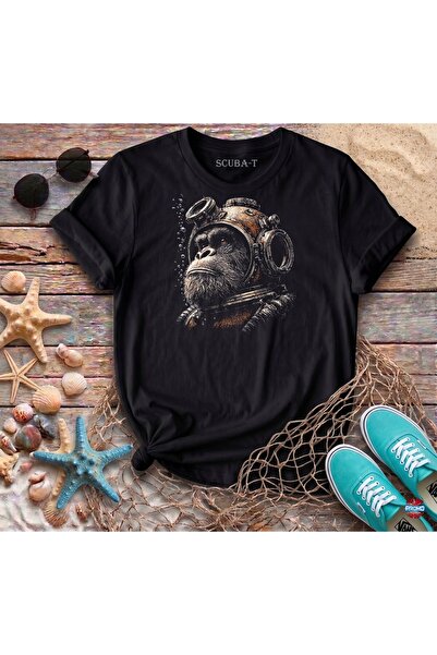 ScubaPromoTurkey Scuba Gorilla Visual Print Black Cotton T-Shirt