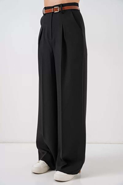 Generic Brand Women's High Waist Belted Palazzo Wide Leg Black Trousers