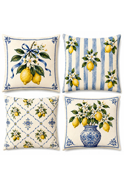 ayshome textile Ays Home Mavi Çini Limon Desen 4'Lü Kırlent Kılıfı Seti