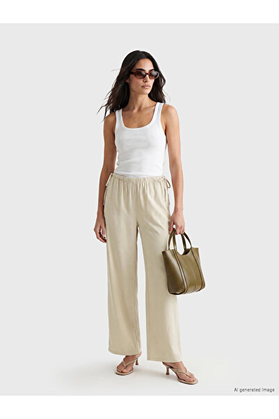 LC Waikiki Beige Wideleg Women's Jean Trousers with Elastic Waist
