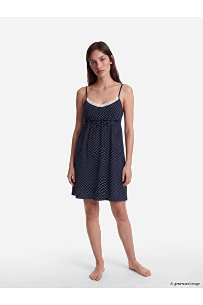 LC Waikiki Navy Blue V-Neck Polka Dot Strap Nightgown for Women
