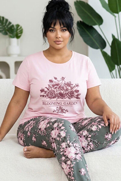 Siyah İnci desenli Pamuklu Büyük Beden Battal Boy Örme Pijama Takım