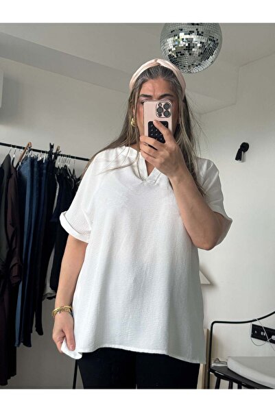Bade Butik Ecru V-Neck Stoned Big Size Blouse