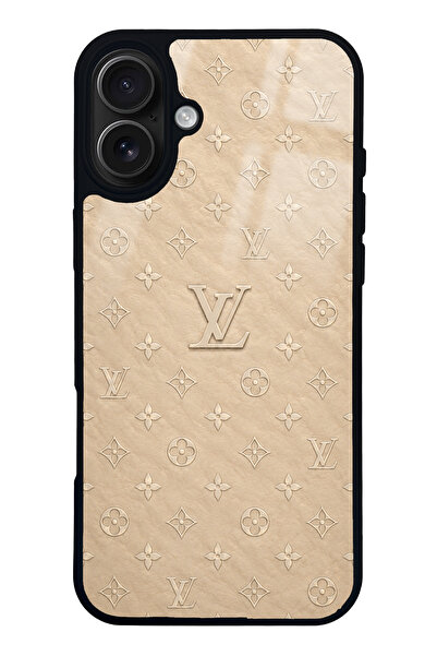 Spoyi iPhone 16 Plus Bej Gold LV Tasarımlı Glossy Telefon Kılıfı