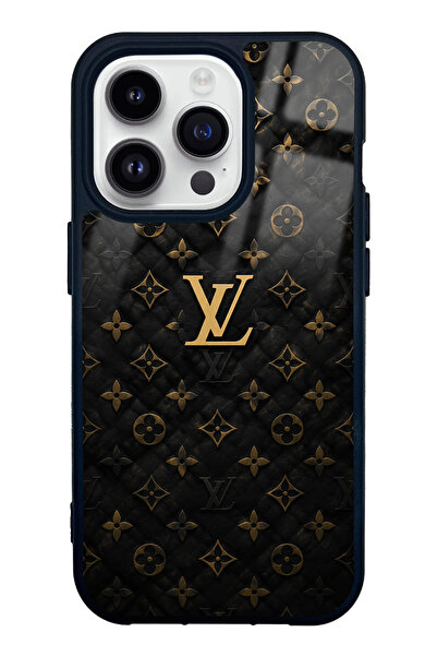 Spoyi iPhone 14 Pro Black Gold LV Tasarımlı Glossy Telefon Kılıfı