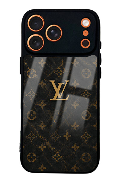 Spoyi iPhone 17 Pro Max Black Mermer Gold LV Tasarımlı Glossy Telefon Kılıfı