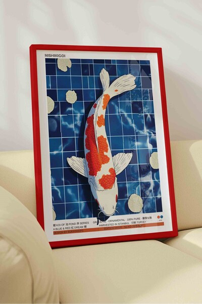 Buka Shops Koi Fish Painting Blue Pond – Modern Illustration Art Poster – Red...