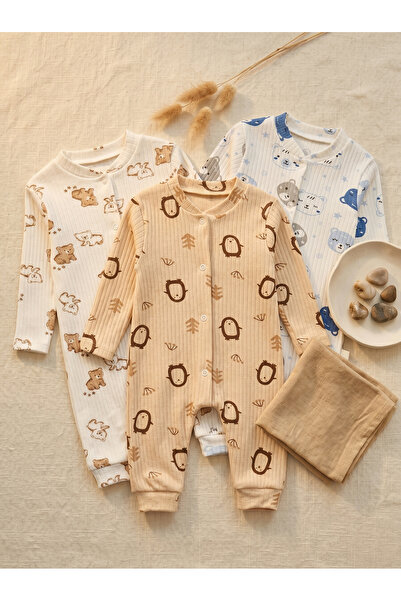 Noone 3-Piece Baby Long Romper Set |   Penguin & Teddy Bear |   100% Cotton R...