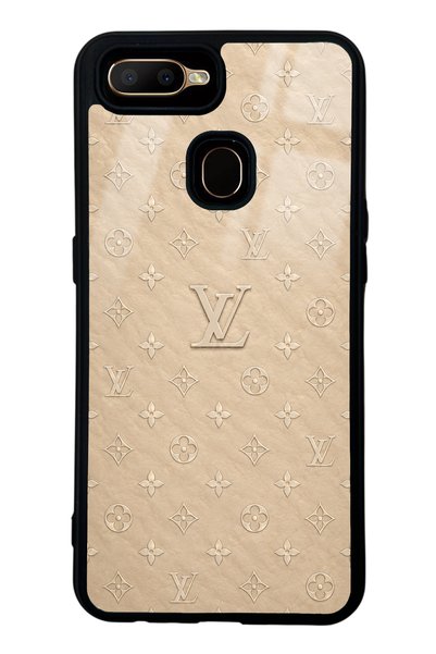 Spoyi حافظة هاتف لامعة بتصميم LV باللون البيج الذهبي لهاتف أوبو A5s