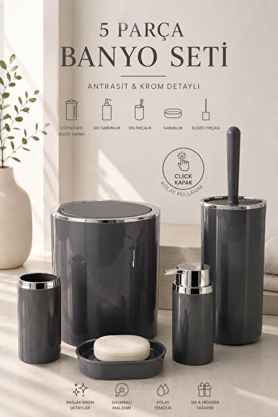 Store HGY Home Krom Detaylı Antrasit Yuvarlak 5'li Banyo Seti