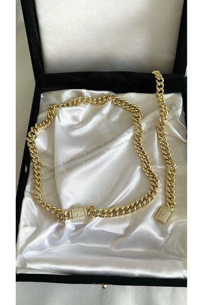 BESSENCE JEWELRY CO. Xuping 14K Gold Cuban Link Zirkon Taşlı Kilitli Gurmet S...