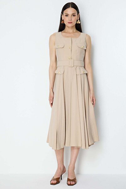 Mi Pret a Porter Mi Düğme Detaylı Kemerli Kolsuz Elbise
