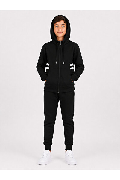 Marco Ferry Boy's Cotton Hooded Collar Tracksuit Set 26101 - Black