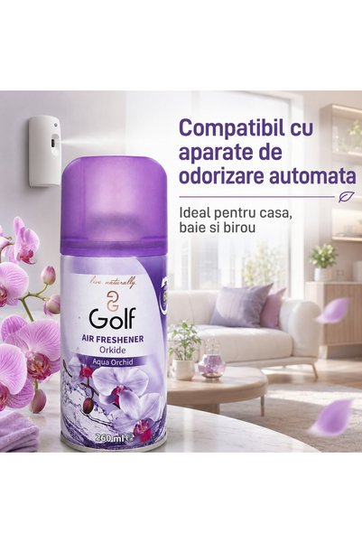 Golf Rezerva Odorizant Camera Spray Aqua Orchid, Aroma Orhidee, Compatibila cu Aparate Automate, 260 ml