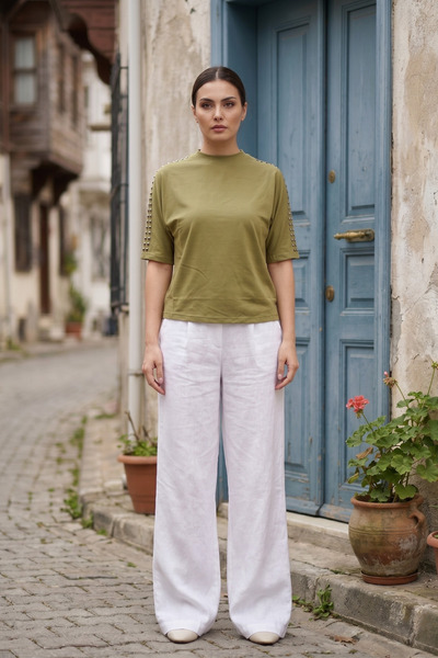 royal prime Women's Short Sleeve Blouse with Staple Detail on the Shoulder