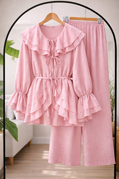 KEVRA Ruffled Linen Look Double Set with Tie Detail