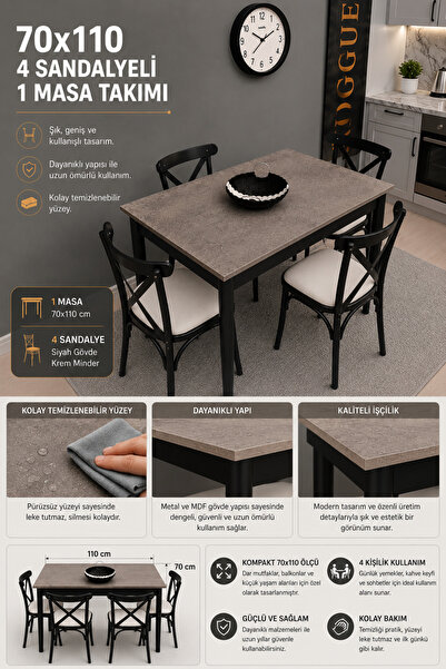 VOGUE TASARIM VE AKSESUAR 70x110 4 Sandalyeli Mutfak Masası Takımı | 4 Kişili...