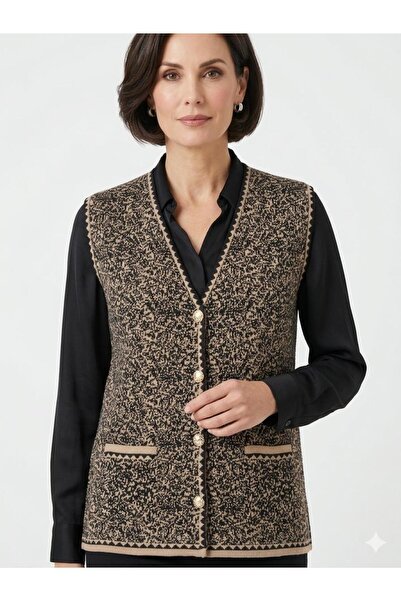 MADAM PARS Women's Authentic Patterned Buttoned Knitwear Vest with Pockets Cl...