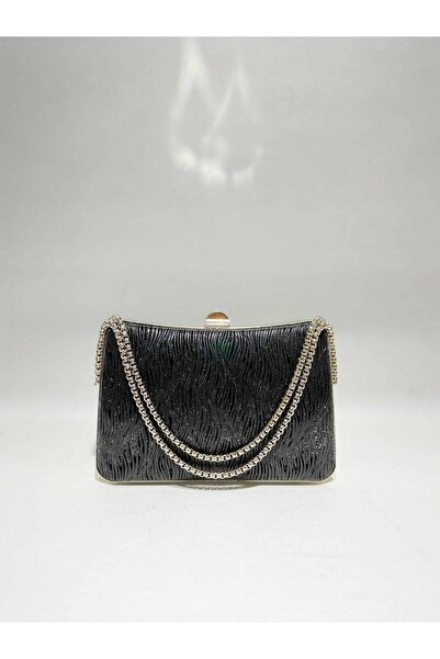 womenacs Black Color Wavy Material Design Evening Dress Clutch Chain Strap Ha...