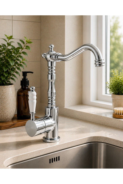 DMR VESTA Chrome Brass Kitchen Sink Faucet with Ceramic Handle Vintage Luxury...