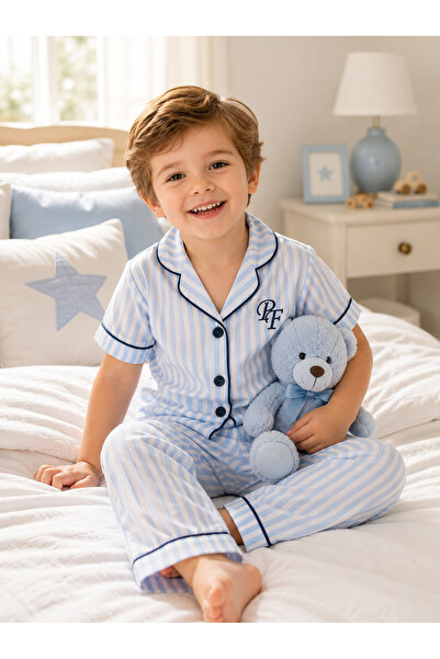 LUVVERA Boy's Blue Striped Buttoned Pajama Set %100 Cotton Summer Short Sleeve