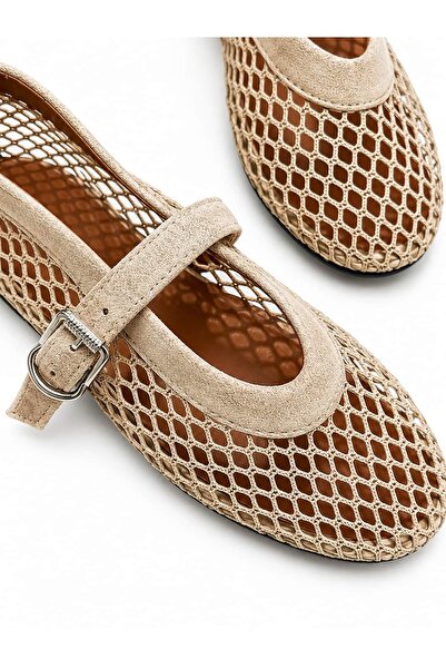 diclepolat Women's Beige Mesh Mary Jane Ballerina Buckle Round Toe Summer Cas...