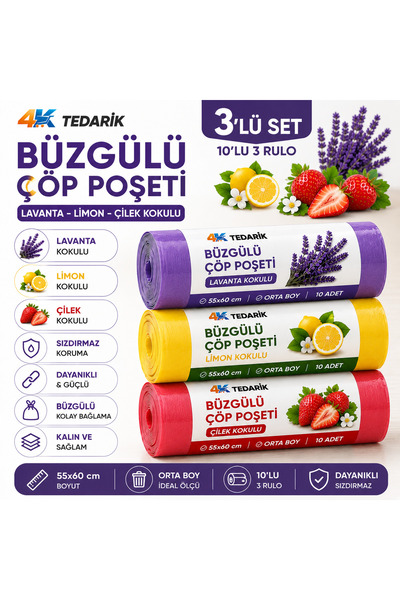 4K TEDARİK Büzgülü Çöp Poşeti Lavanta-Limon-Çilek Kokulu 55×60 cm Orta Boy 10...