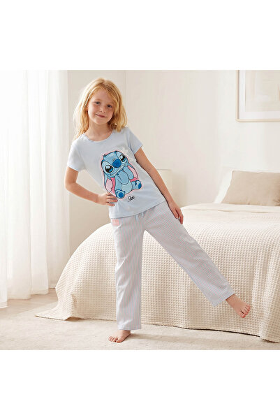 Disney Cotton Round Neck Short Sleeves Pyjama Set with Stitch Print