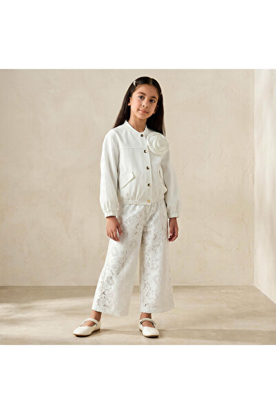 Juniors Round Neck Long Sleeves Jacket and Pants Set with Lace Detail