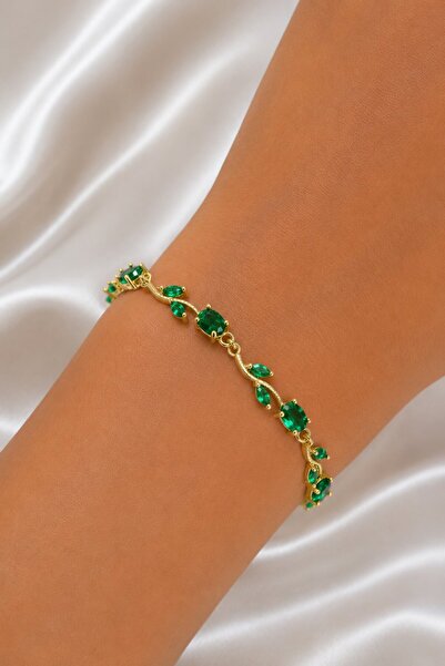 Clariss Brass Gold Color Green Zircon Stone Flower Model Women's Bracelet