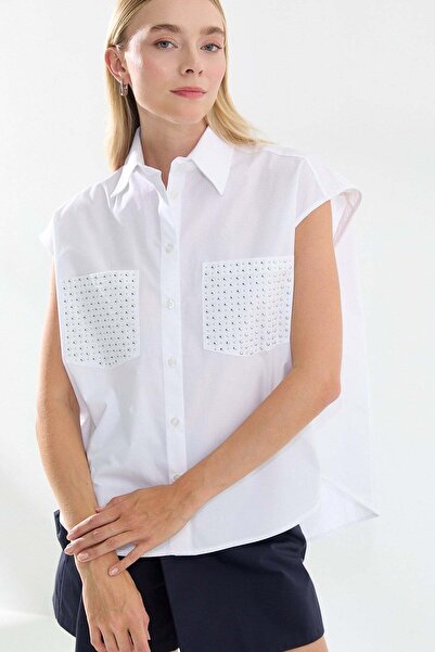 Lencie Pockets with Stone Detail Sleeveless Shirt White