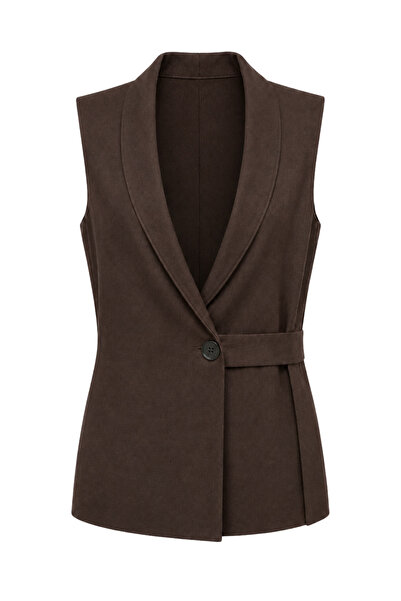 Mixray 2125 Women's Double-Breasted Collared Belted Linen Vest Brown