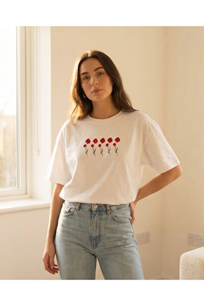 ELIN Concept Store Tricou alb din bumbac cu broderie Maci