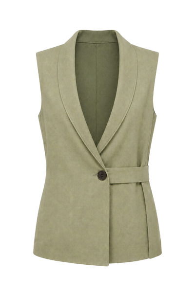 Mixray 2125 Women's Double-Breasted Collar Belted Linen Vest Khaki