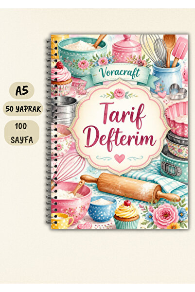VORACRAFT Yemek Tarif Defteri, 50 Yaprak /100 Sayfa, A5 / Tel Spiral TRF0016