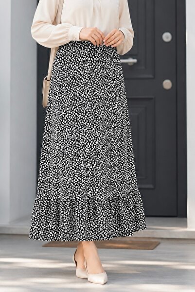 İmajButik Black Patterned Skirt with Elastic Waist and Ruffles at the Bottom