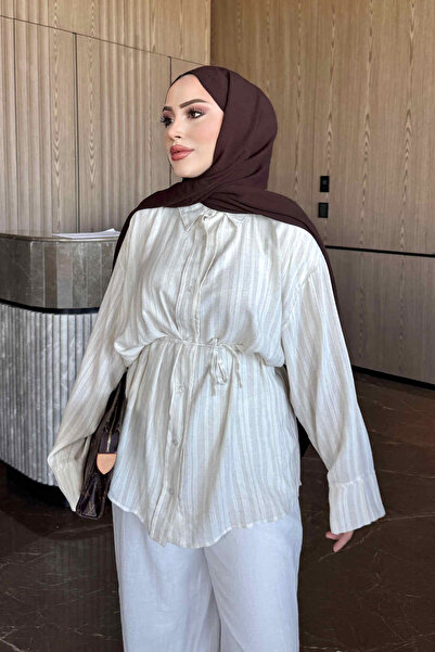 İmajButik Cream Waist-Tie Striped Linen Loose Shirt