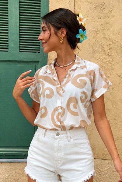 armonika Women's Mink White Striped Short Sleeve Shirt Arm-19Y001067