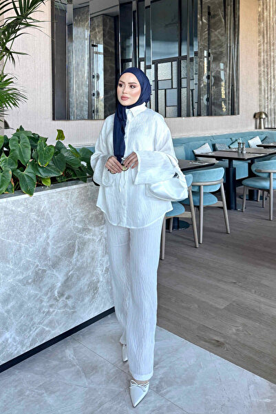 İmajButik Ecru Tie-Waist Shirt and Trousers Set