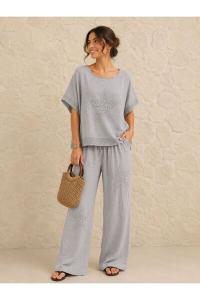 AGORATEKSTİL Women's Short Sleeve Sequined Star Patterned Linen Combination (...
