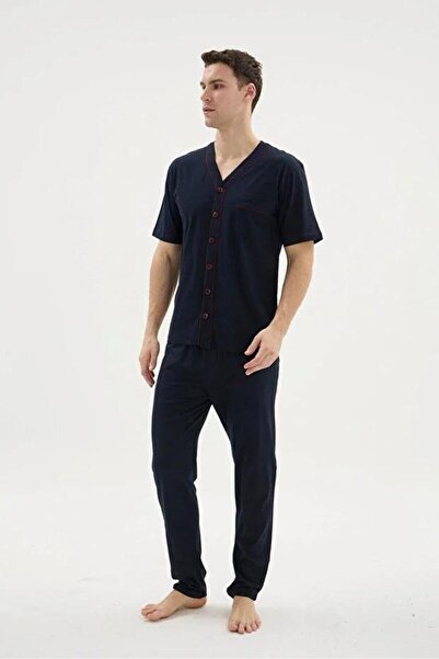 KLY PİJAMA Kly 2210 Men's 100% Cotton Buttoned V-Neck Large Size Pajama Set